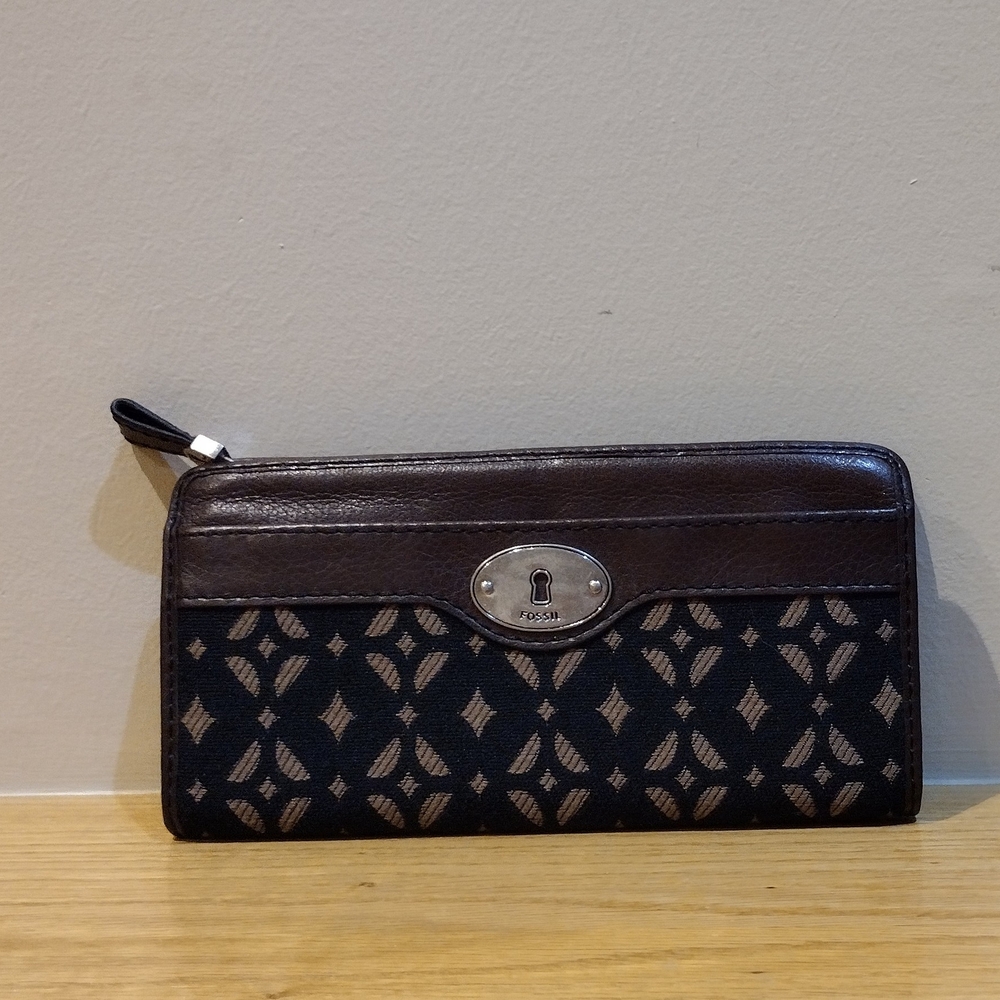 Brown 4X8" Fossil Leather Credit Card Wallet Clutch Purse 18 Pockets